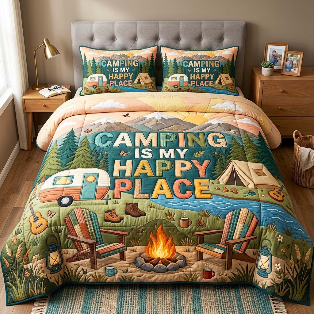 Happy Camping quilted 3-piece bedding set on a made bed with two matching pillow shams