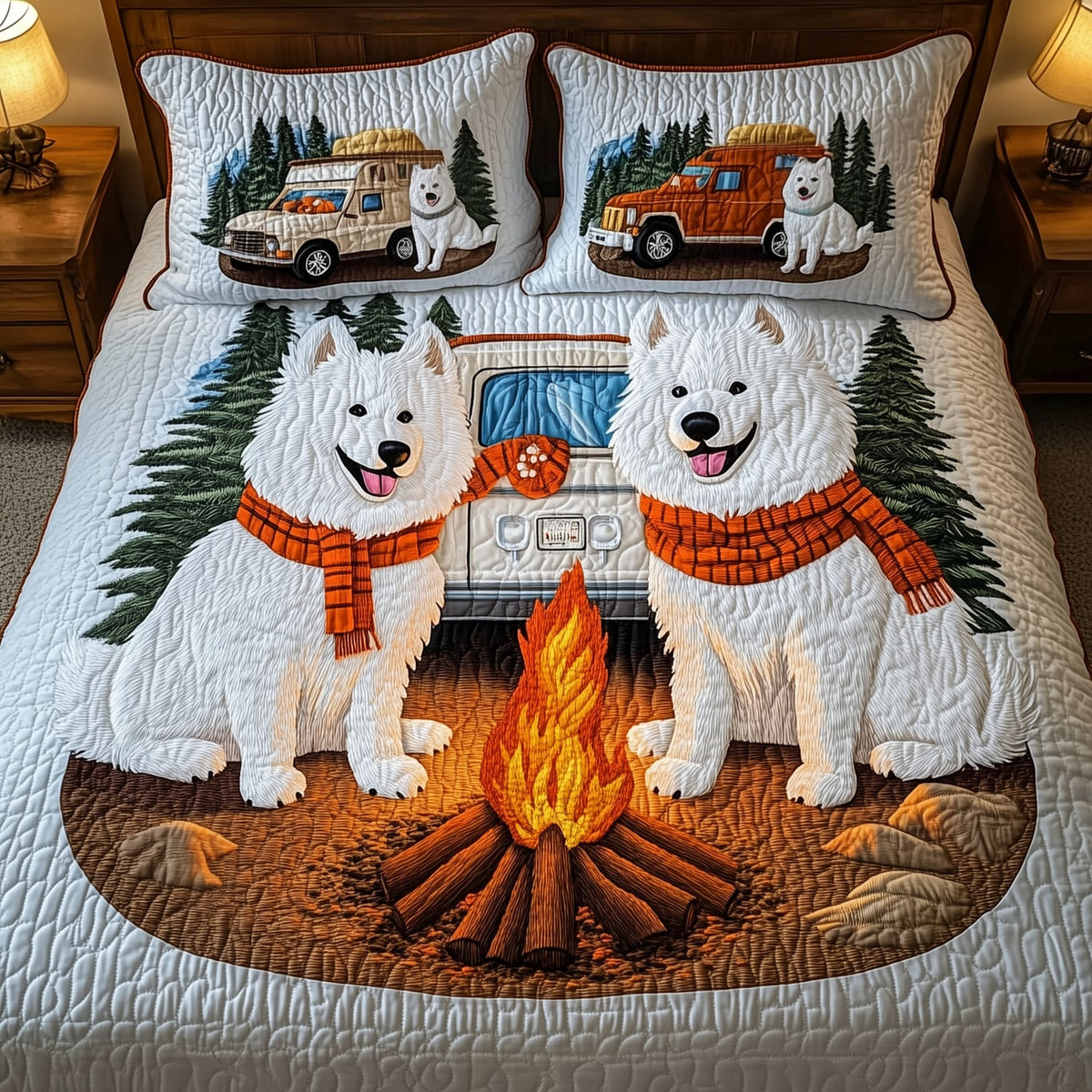 Happy Camping Samoyed quilted 3-piece bedding set on a made bed with two matching pillow shams