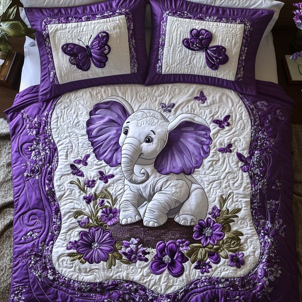 Happy Elephant Days quilted 3-piece bedding set on a made bed with two matching pillow shams