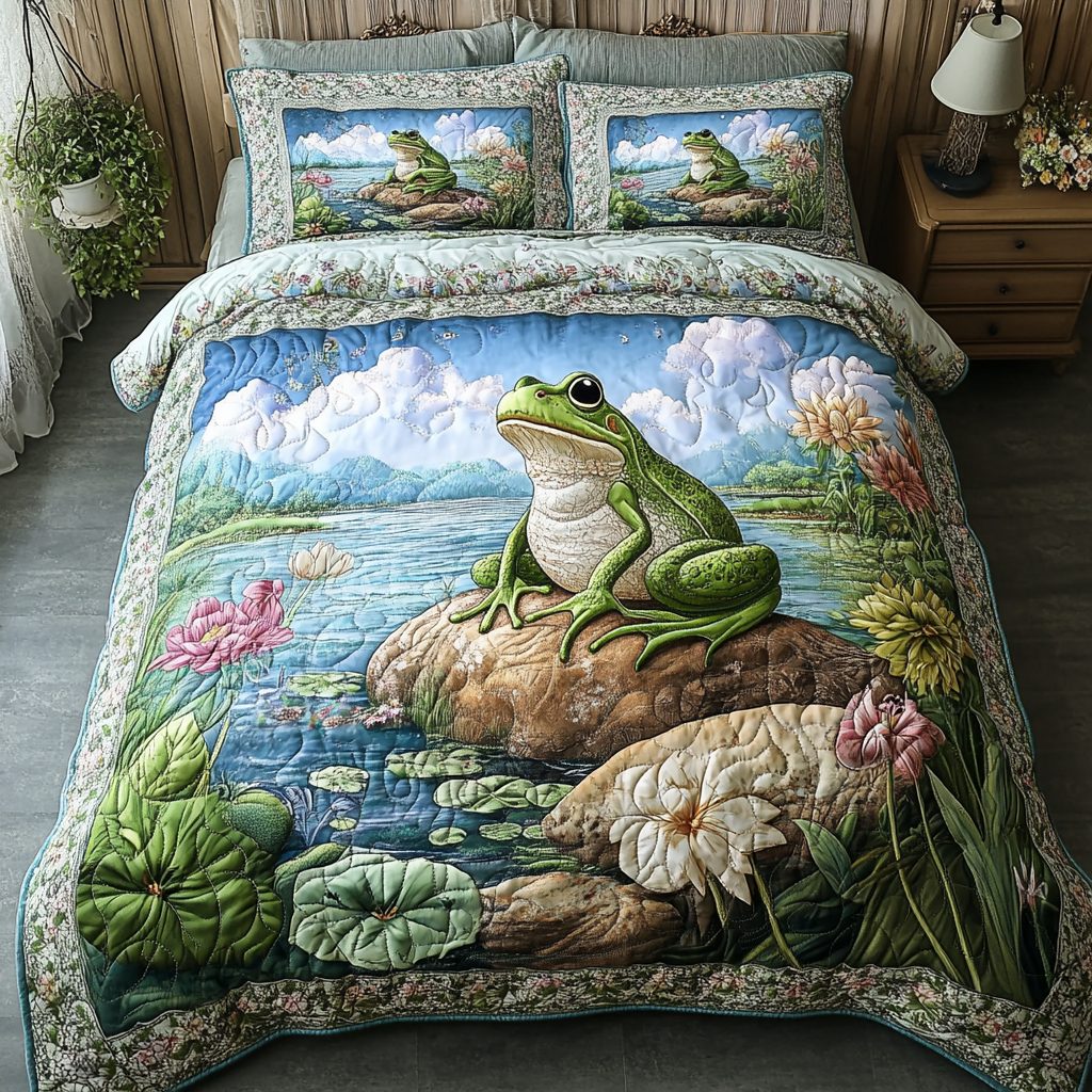 Happy Frog quilted 3-piece bedding set on a made bed with two matching pillow shams