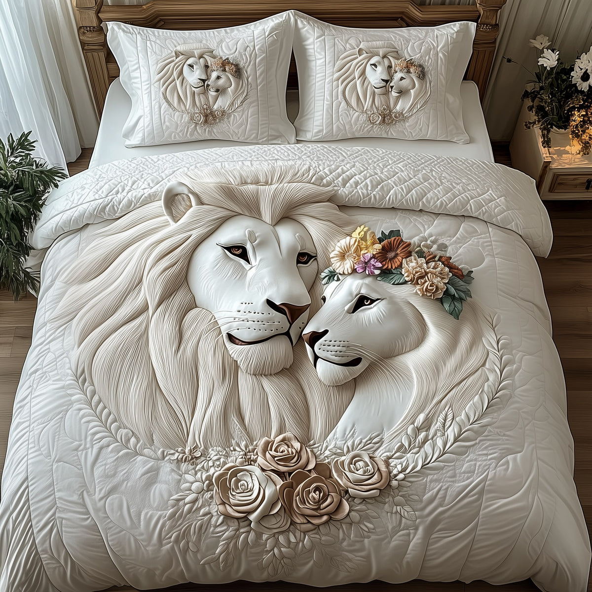 Happy Lion Couple quilted 3-piece bedding set on a made bed with two matching pillow shams