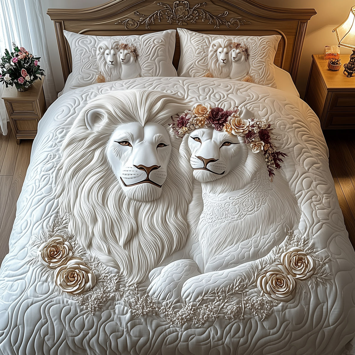 Happy Lion Couple quilted 3-piece bedding set on a made bed with two matching pillow shams
