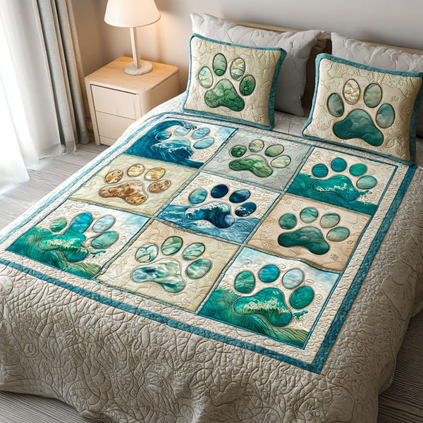 Happy Paws quilted 3-piece bedding set on a made bed with two matching pillow shams