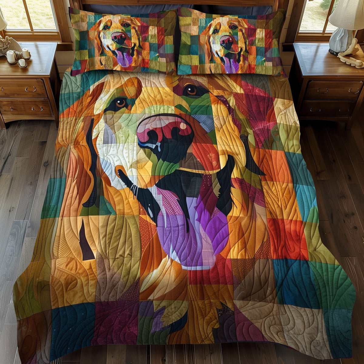 Happy Retriever quilted 3-piece bedding set on a made bed with two matching pillow shams