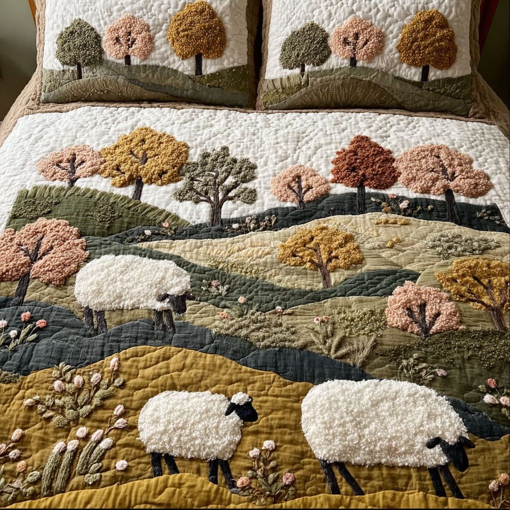 Happy Sheep quilted 3-piece bedding set on a made bed with two matching pillow shams
