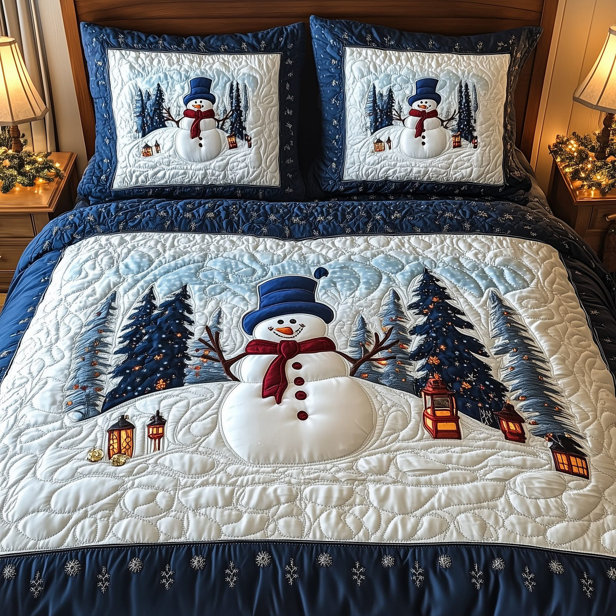 Happy Snowman quilted 3-piece bedding set on a made bed in a winter-styled bedroom