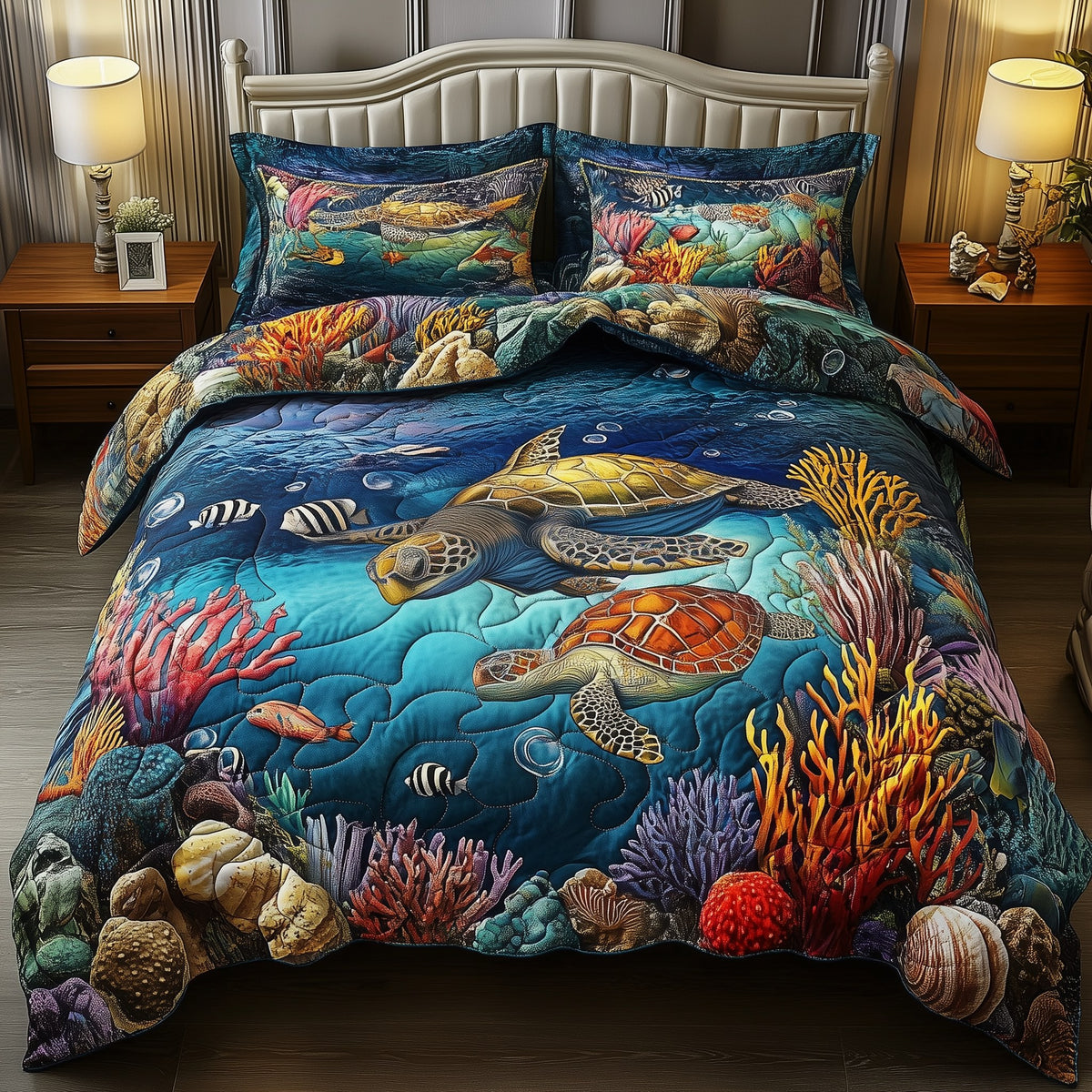 Happy Together Turtle quilted 3-piece bedding set on a made bed in a light coastal bedroom