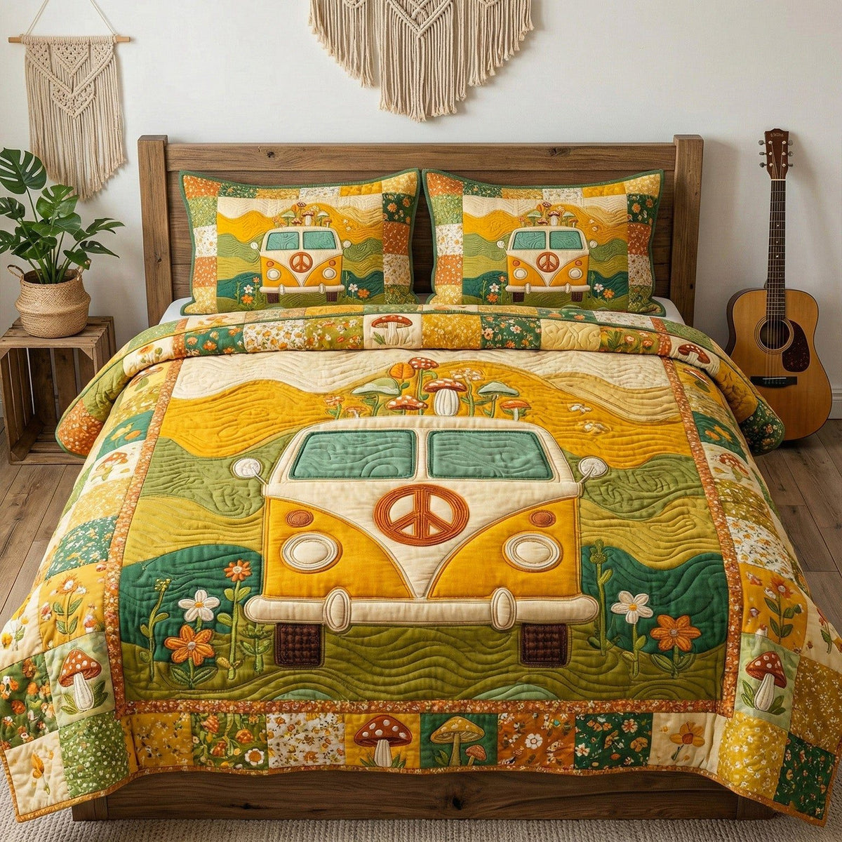 Happy Trails quilted 3-piece bedding set on a made bed with two matching pillow shams