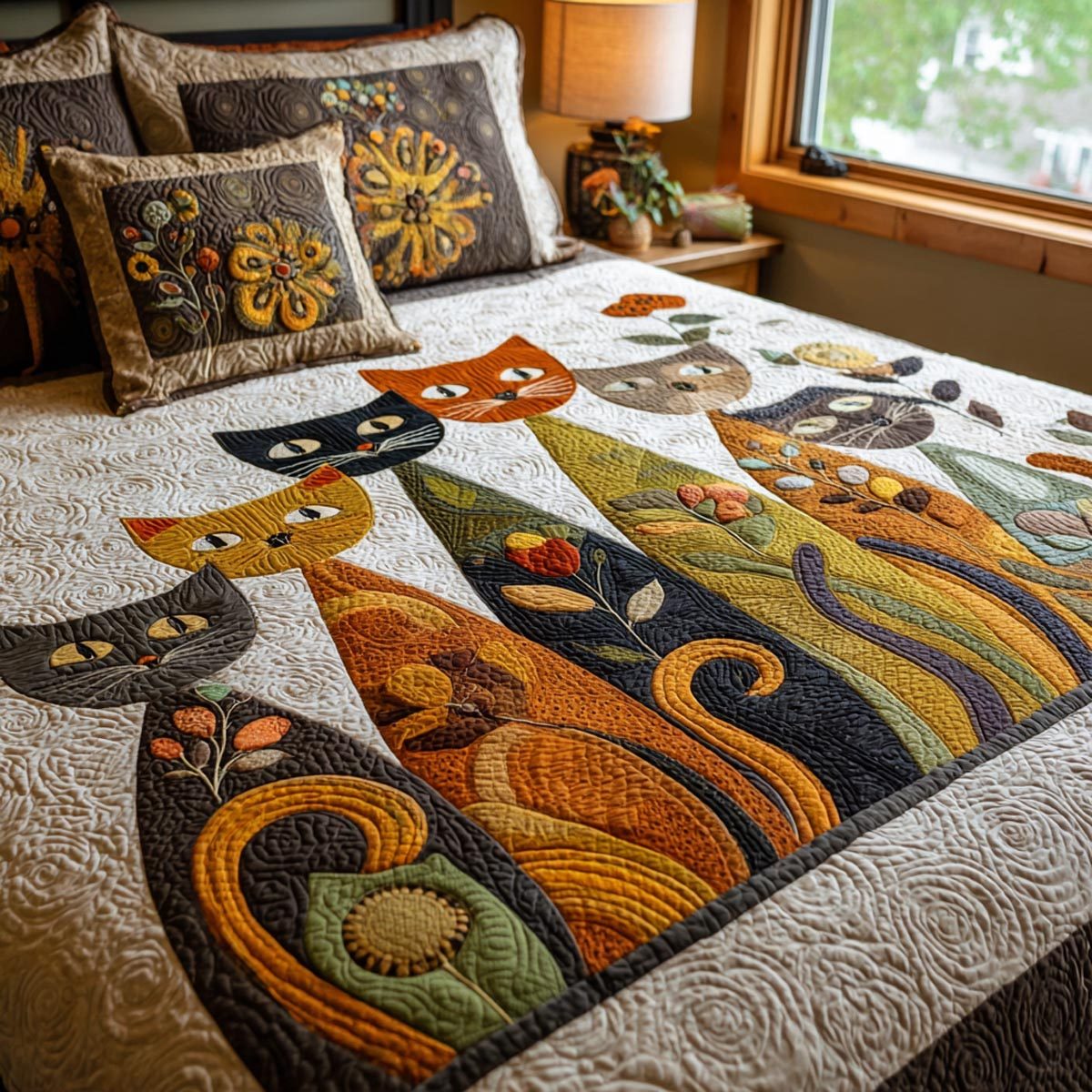 Happy Whiskers quilted 3-piece bedding set on a made bed with two matching pillow shams