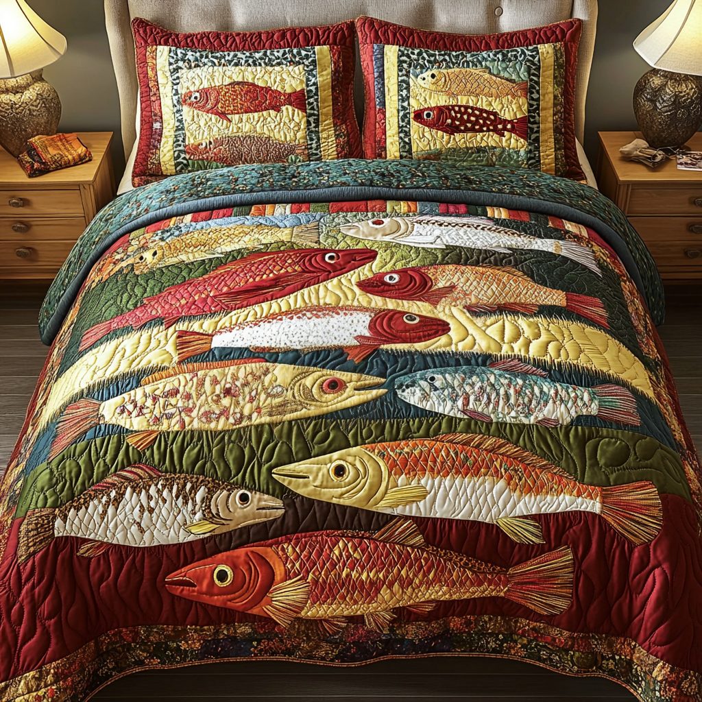 Harbor Charm quilted 3-piece bedding set on a made bed in a light coastal bedroom