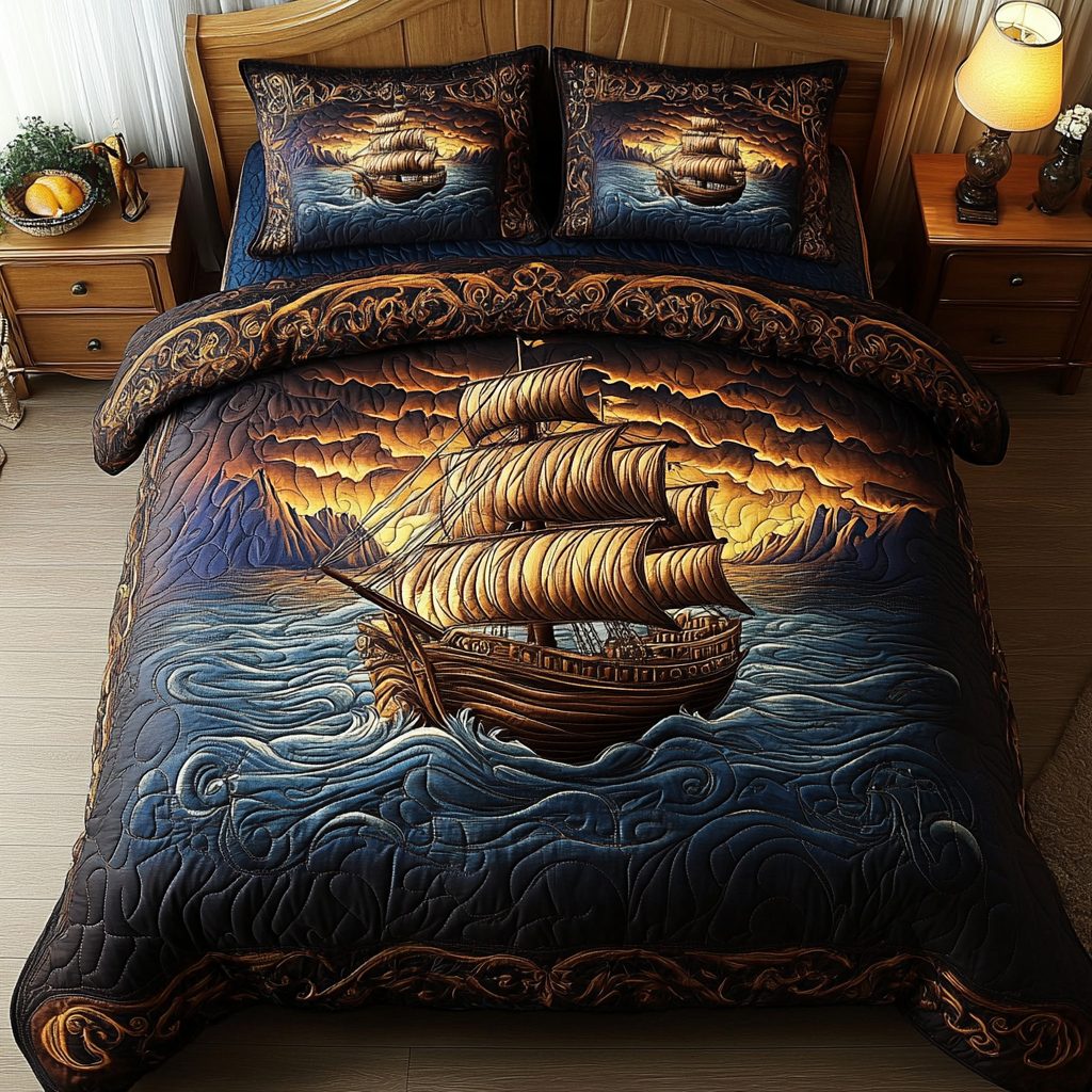 Harbor Dreams quilted 3-piece bedding set on a made bed in a light coastal bedroom