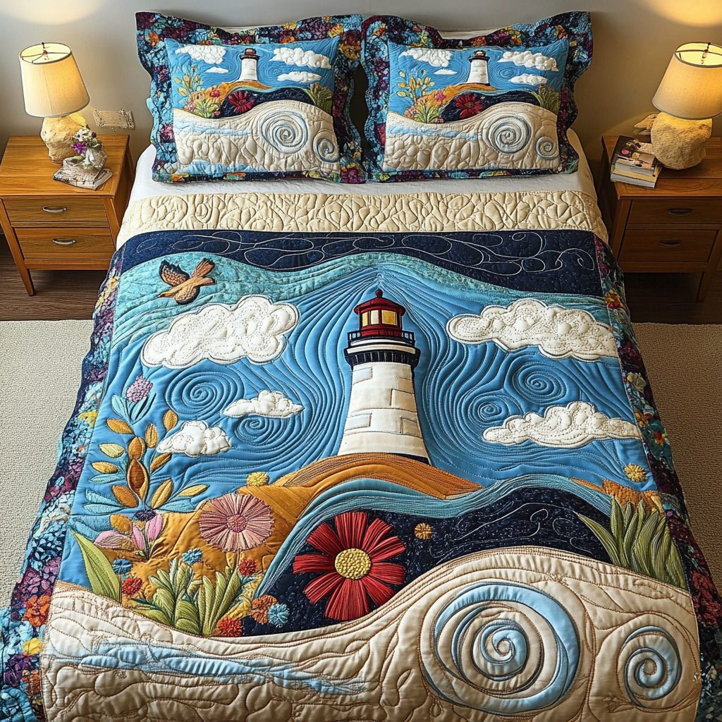 Harbor Light quilted 3-piece bedding set on a made bed in a light coastal bedroom