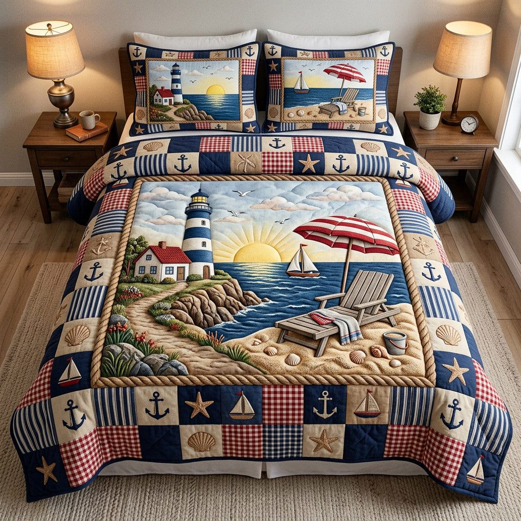 Harbor Nautical Charm quilted 3-piece bedding set on a made bed in a light coastal bedroom