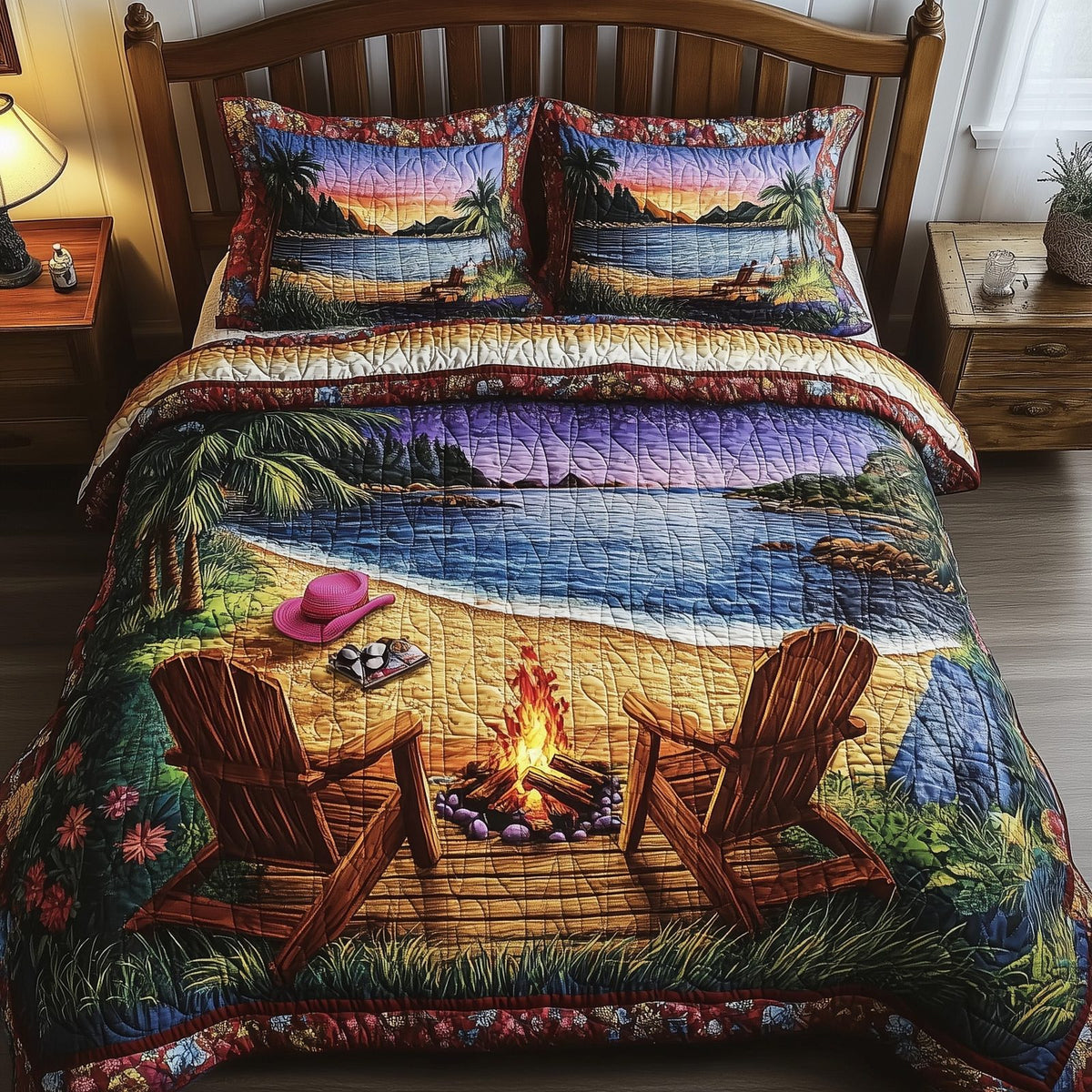 Harmony Beach Vibe quilted 3-piece bedding set on a made bed in a light coastal bedroom