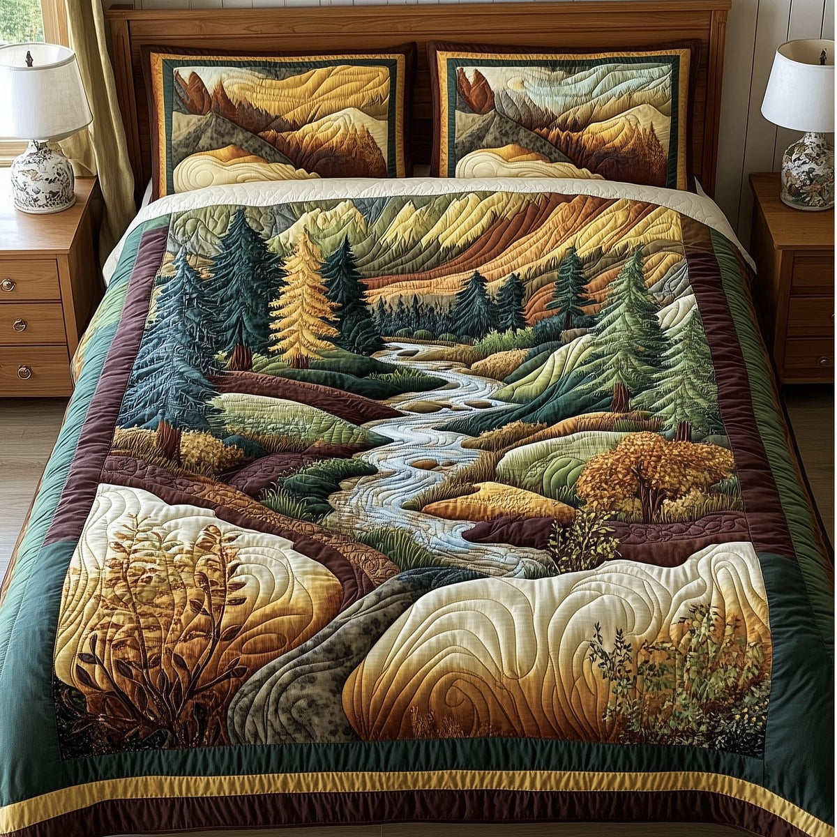 Harmony Flow quilted 3-piece bedding set on a made bed with two matching pillow shams