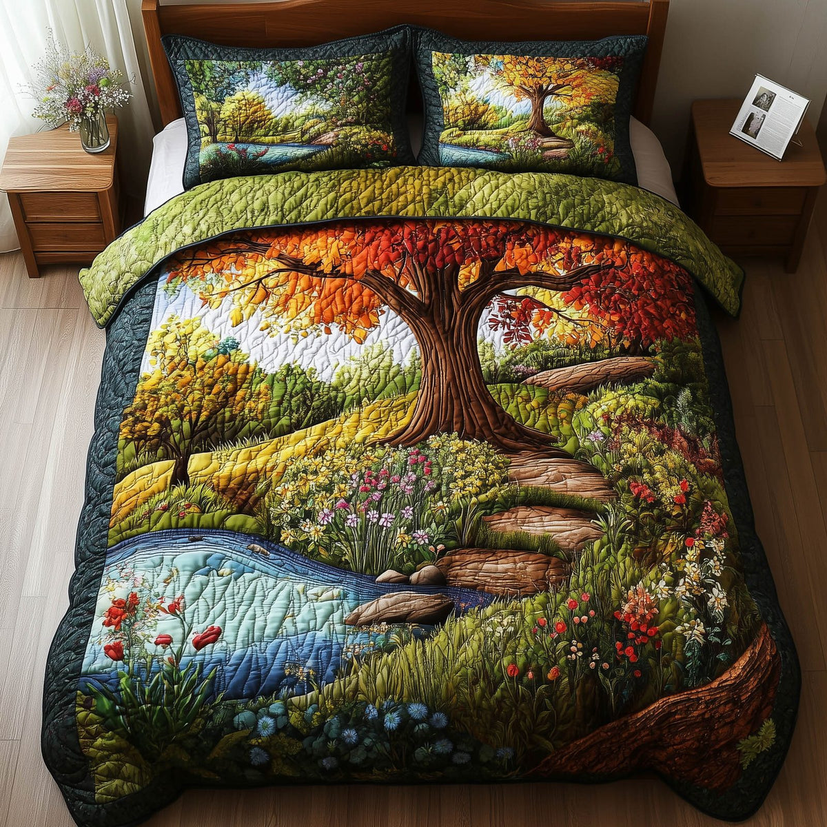 Harmony Forest quilted 3-piece bedding set on a made bed with two matching pillow shams