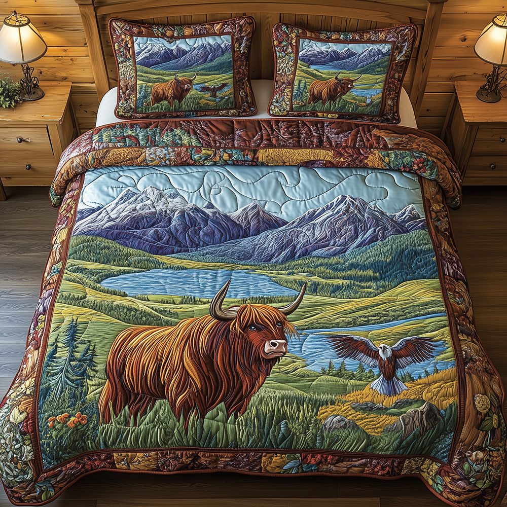 Harmony Highland quilted 3-piece bedding set on a made bed with two matching pillow shams