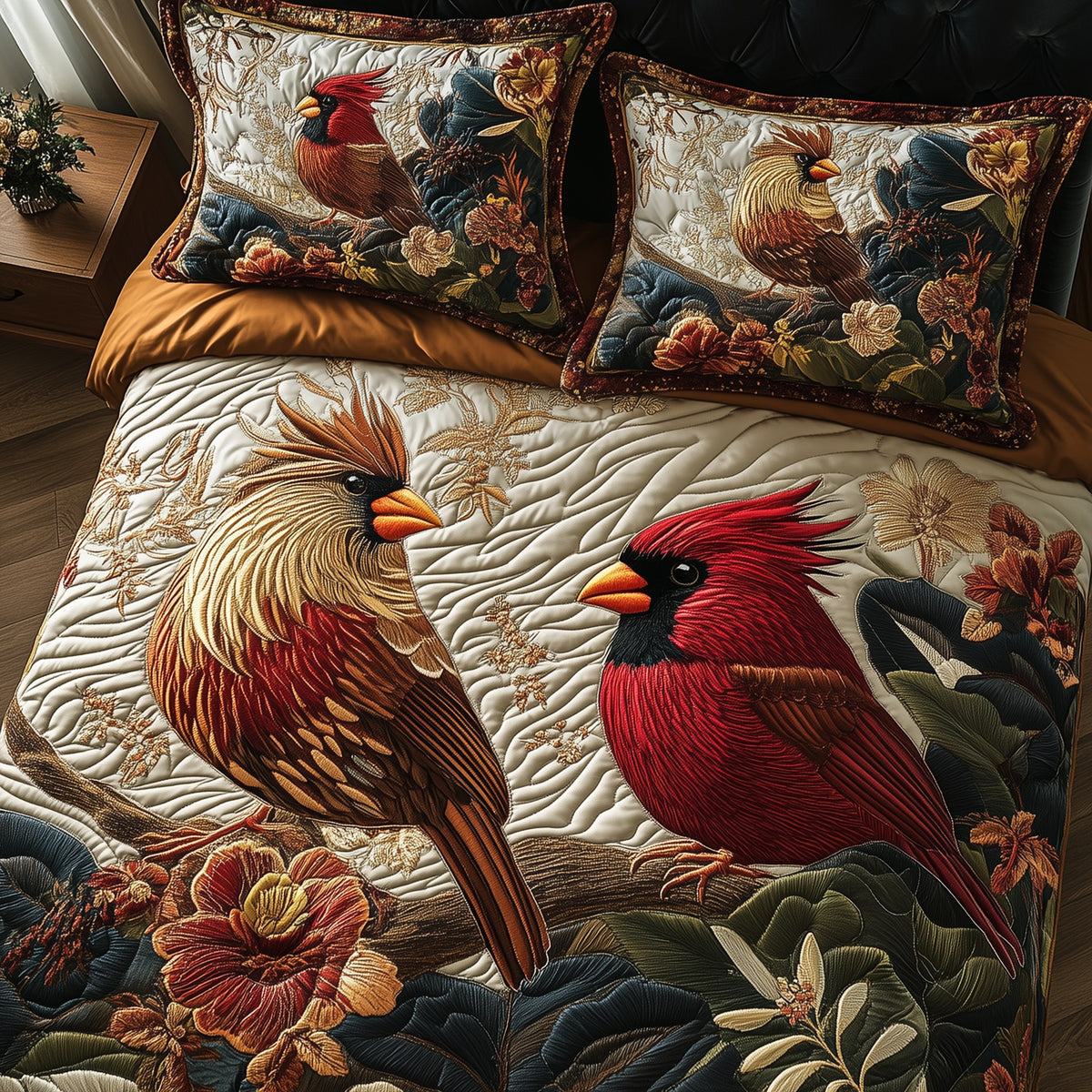 Harmony of Cardinals quilted 3-piece bedding set on a made bed with two matching pillow shams