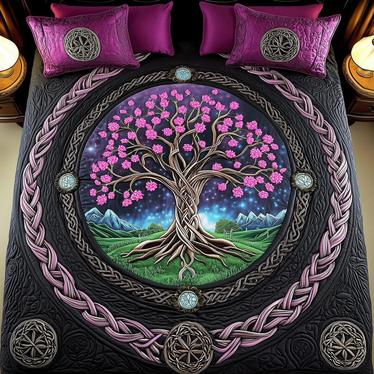 Harmony Roots quilted 3-piece bedding set on a made bed with two matching pillow shams