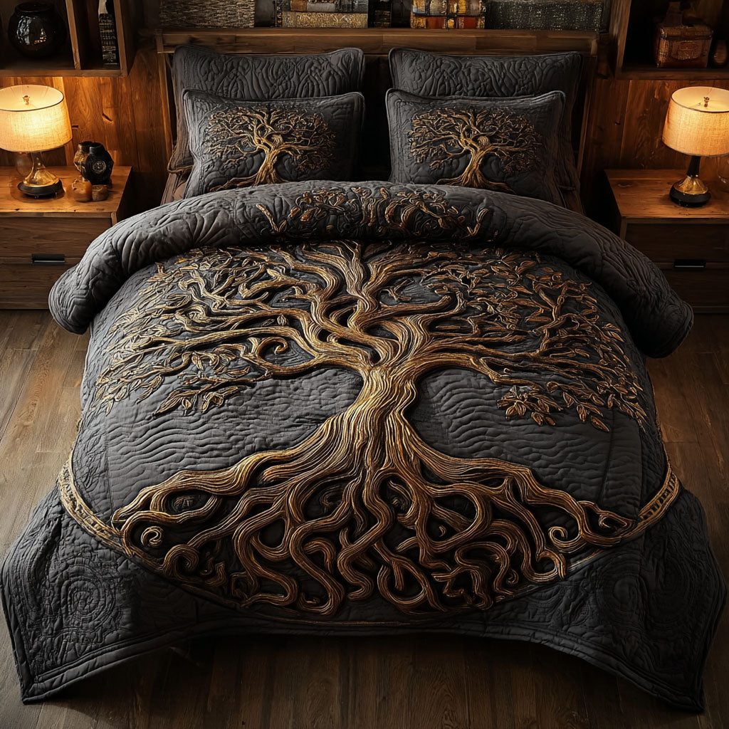 Harmony Tree quilted 3-piece bedding set on a made bed with two matching pillow shams