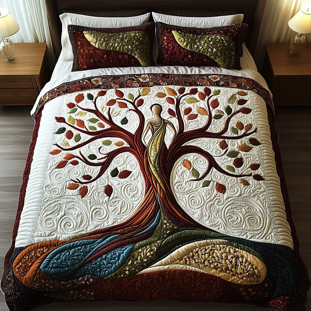 Harmony Tree quilted 3-piece bedding set on a made bed with two matching pillow shams