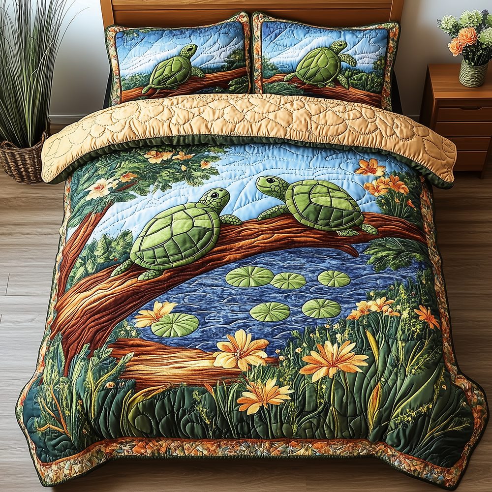Harmony Turtles quilted 3-piece bedding set on a made bed in a light coastal bedroom