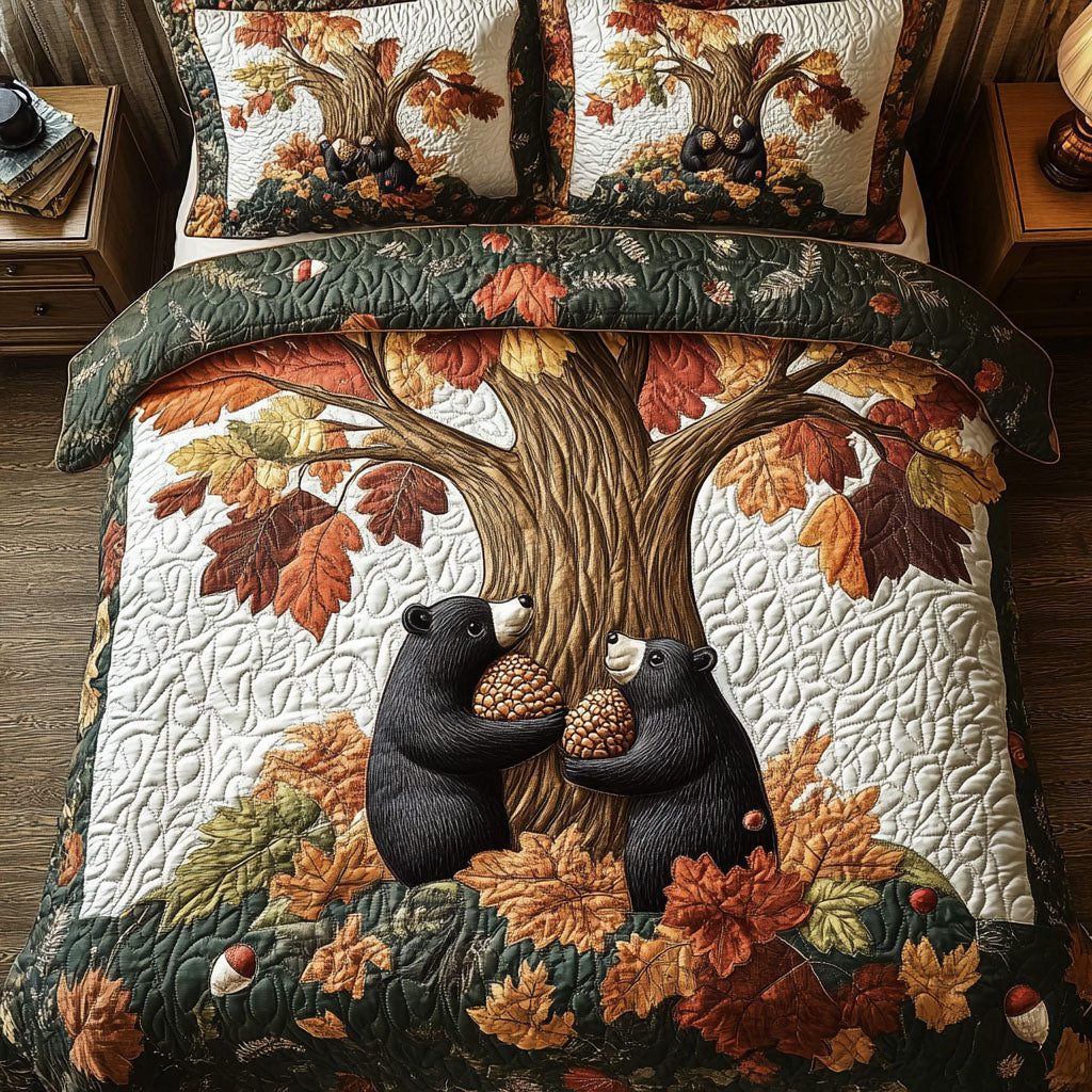 Harvest Bear Parade quilted 3-piece bedding set on a made bed with two matching pillow shams