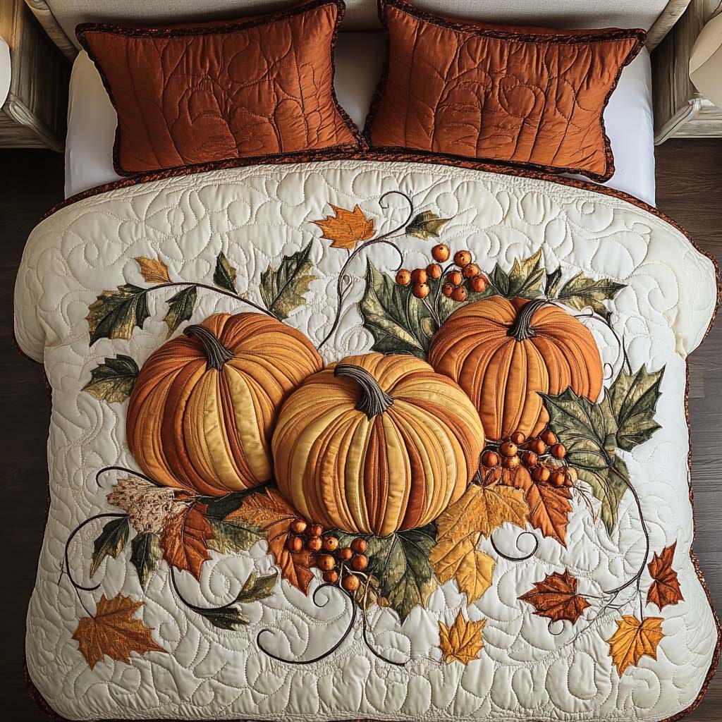 Harvest Blessing Joy quilted 3-piece bedding set on a made bed with two matching pillow shams