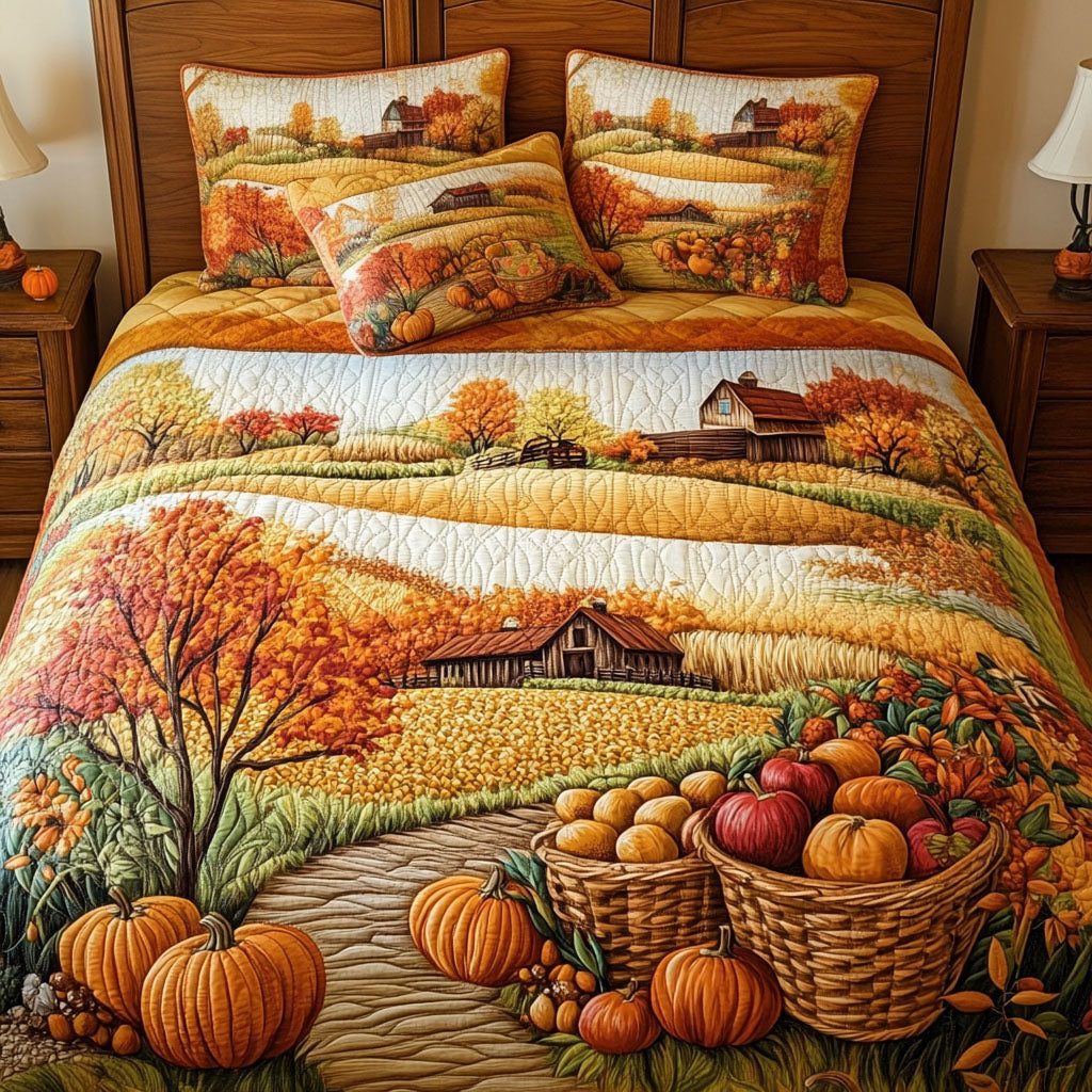 Harvest Blossoms quilted 3-piece bedding set on a made bed with two matching pillow shams