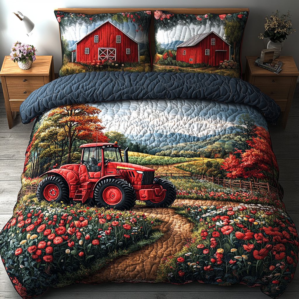 Harvest Breeze quilted 3-piece bedding set on a made bed with two matching pillow shams