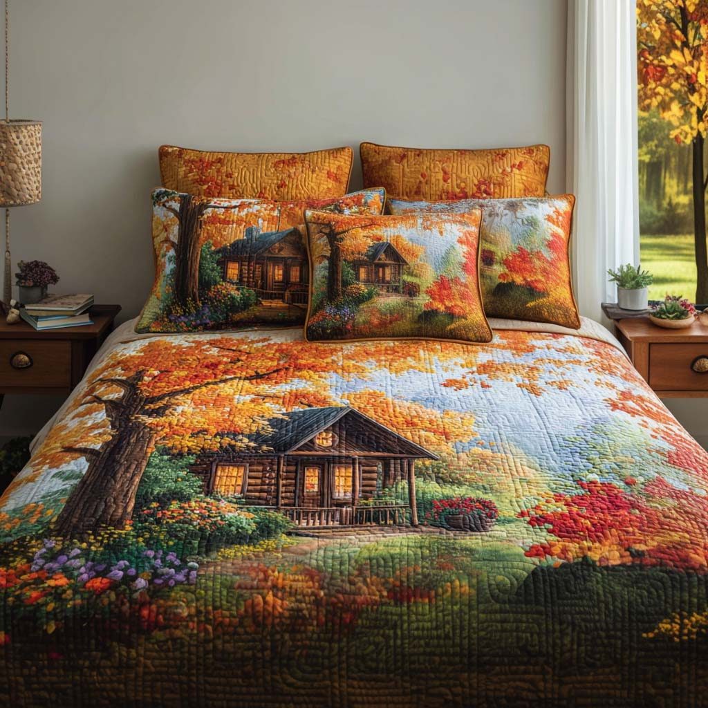 Harvest Cabin quilted 3-piece bedding set on a made bed with two matching pillow shams
