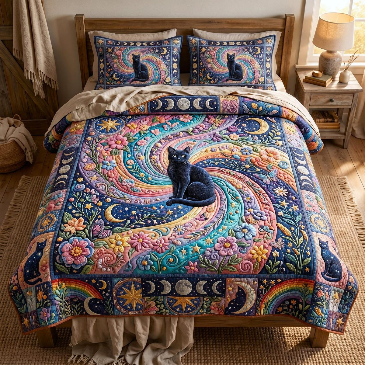 Harvest Cat quilted 3-piece bedding set on a made bed with two matching pillow shams