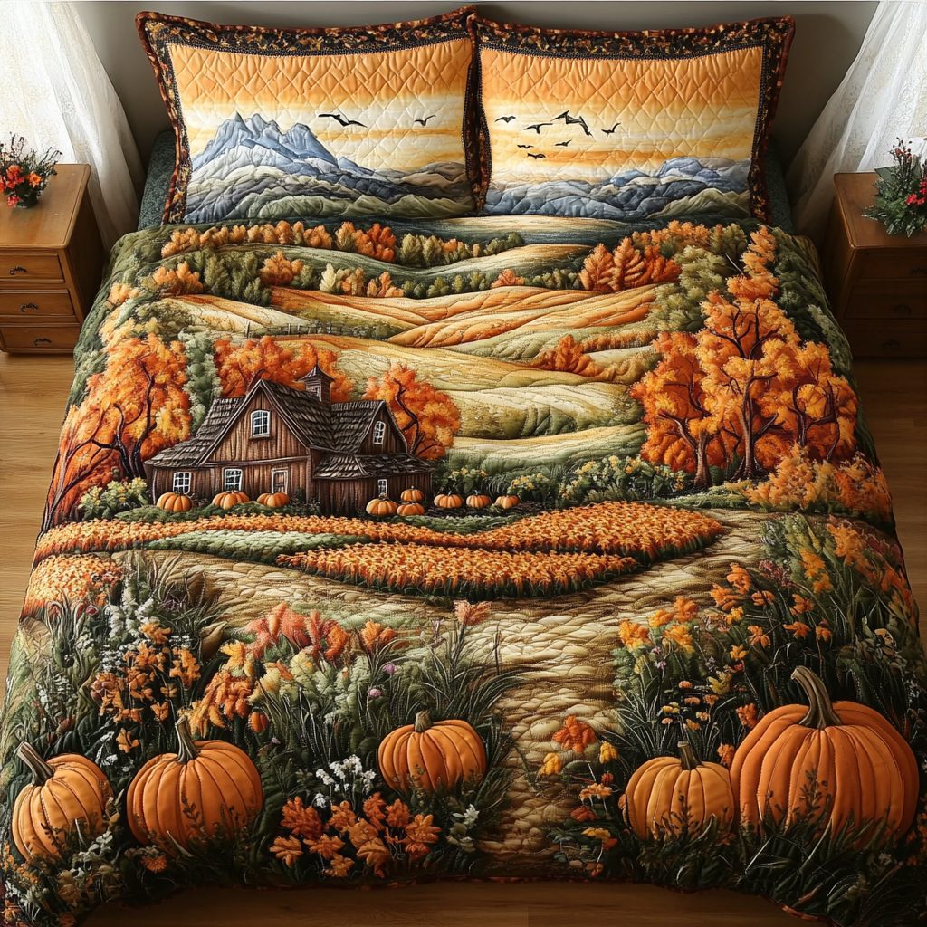 Harvest Dream quilted 3-piece bedding set on a made bed with two matching pillow shams