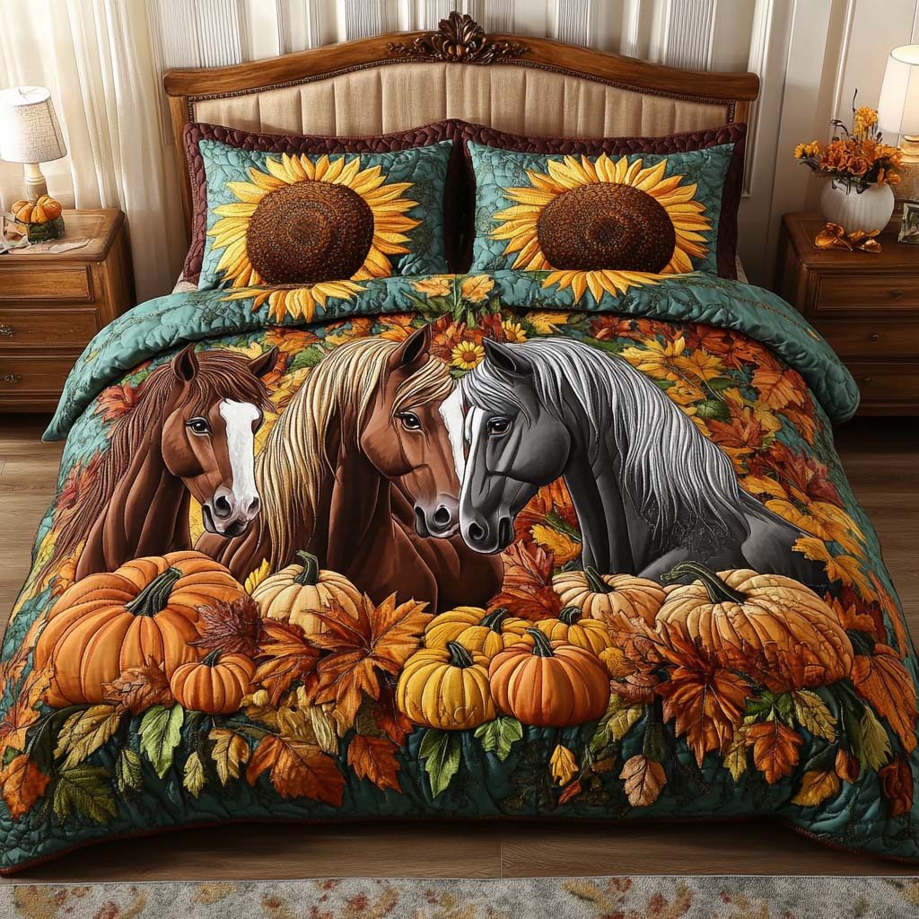 Harvest Dream quilted 3-piece bedding set on a made bed with two matching pillow shams
