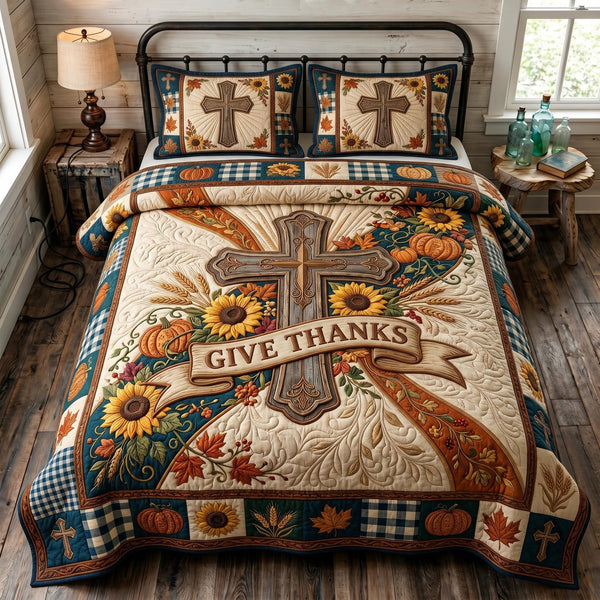 Harvest Faith quilted 3-piece bedding set on a made bed in a softly lit bedroom