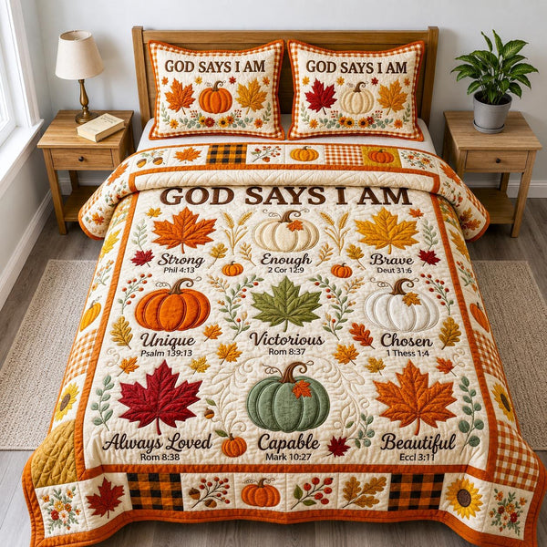 Harvest Faith quilted 3-piece bedding set on a made bed in a softly lit bedroom
