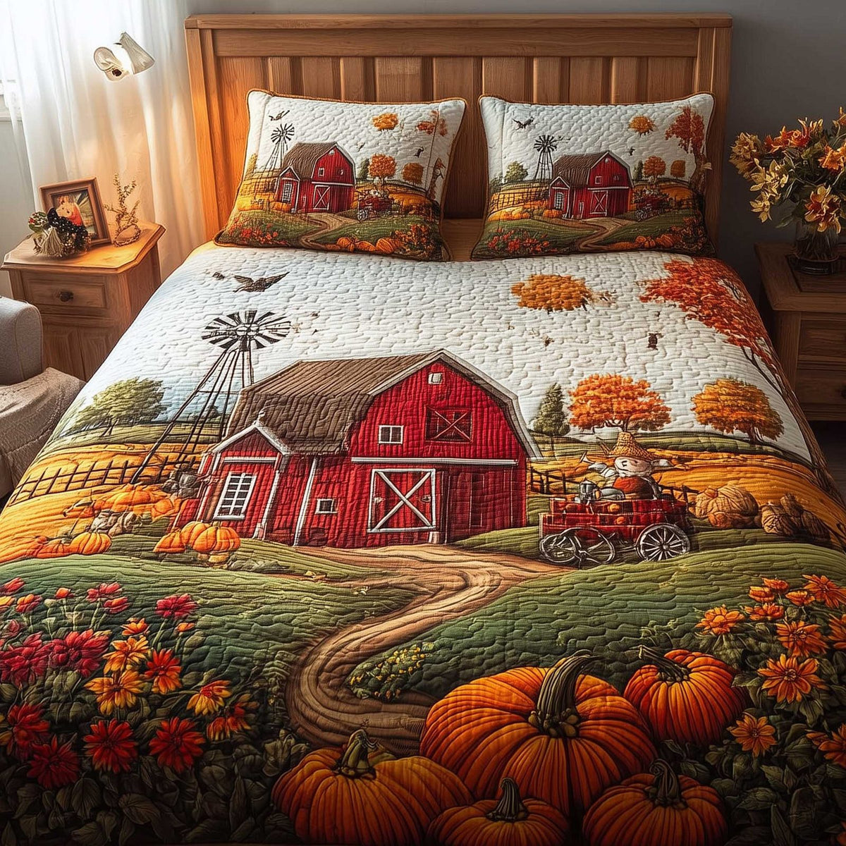 Harvest Farmhouse quilted 3-piece bedding set on a made bed in a farmhouse bedroom