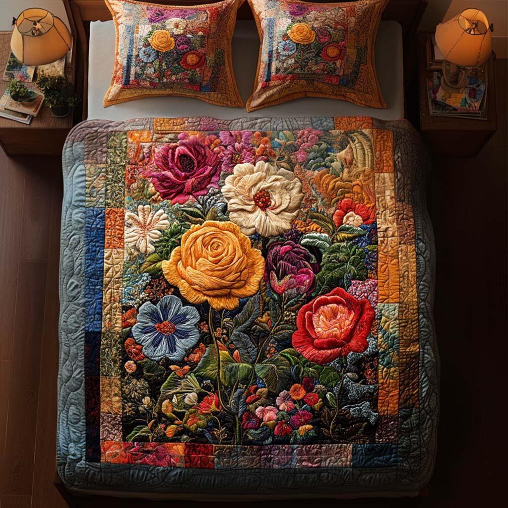 Harvest Flower Magic quilted 3-piece bedding set on a made bed with two matching pillow shams