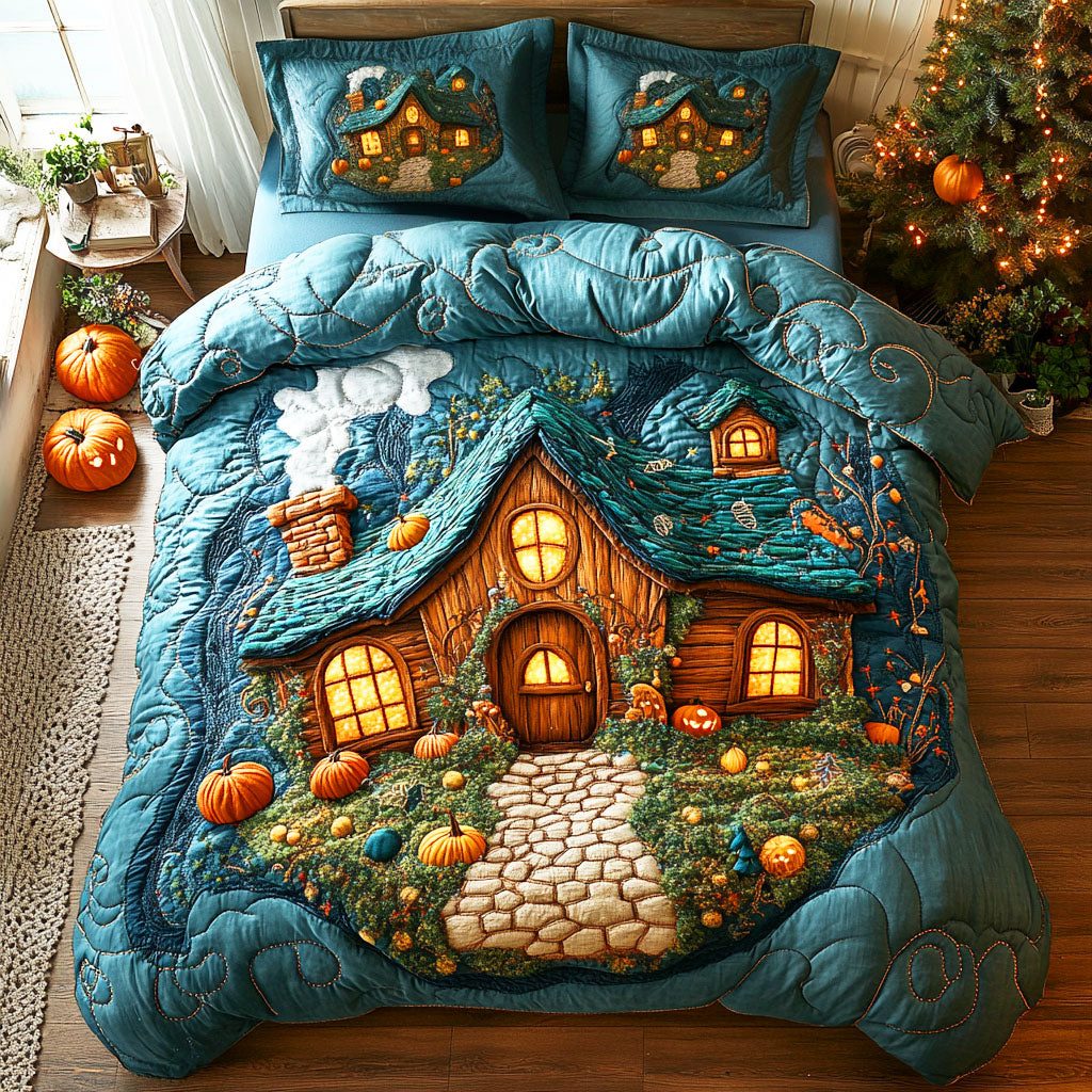 Harvest Glow quilted 3-piece bedding set on a made bed with two matching pillow shams