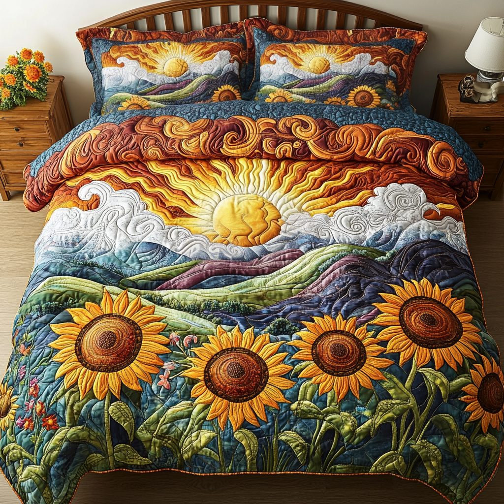 Harvest Glow quilted 3-piece bedding set on a made bed with two matching pillow shams