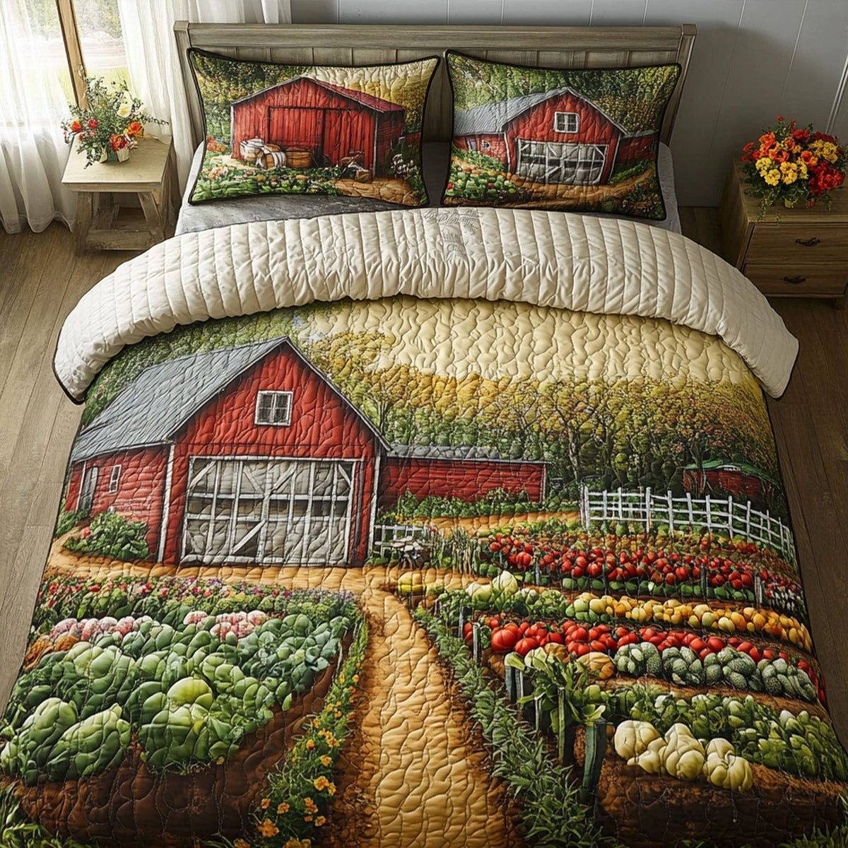 Harvest Harmony quilted 3-piece bedding set on a made bed with two matching pillow shams
