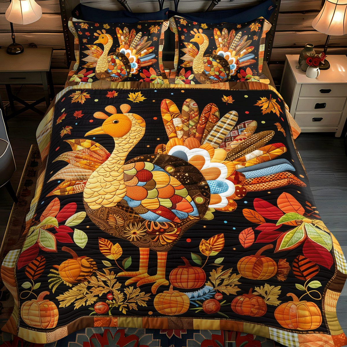 Harvest Joy quilted 3-piece bedding set on a made bed with two matching pillow shams