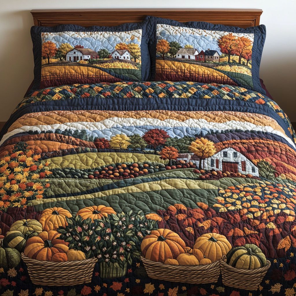 Harvest Landscape quilted 3-piece bedding set on a made bed with two matching pillow shams