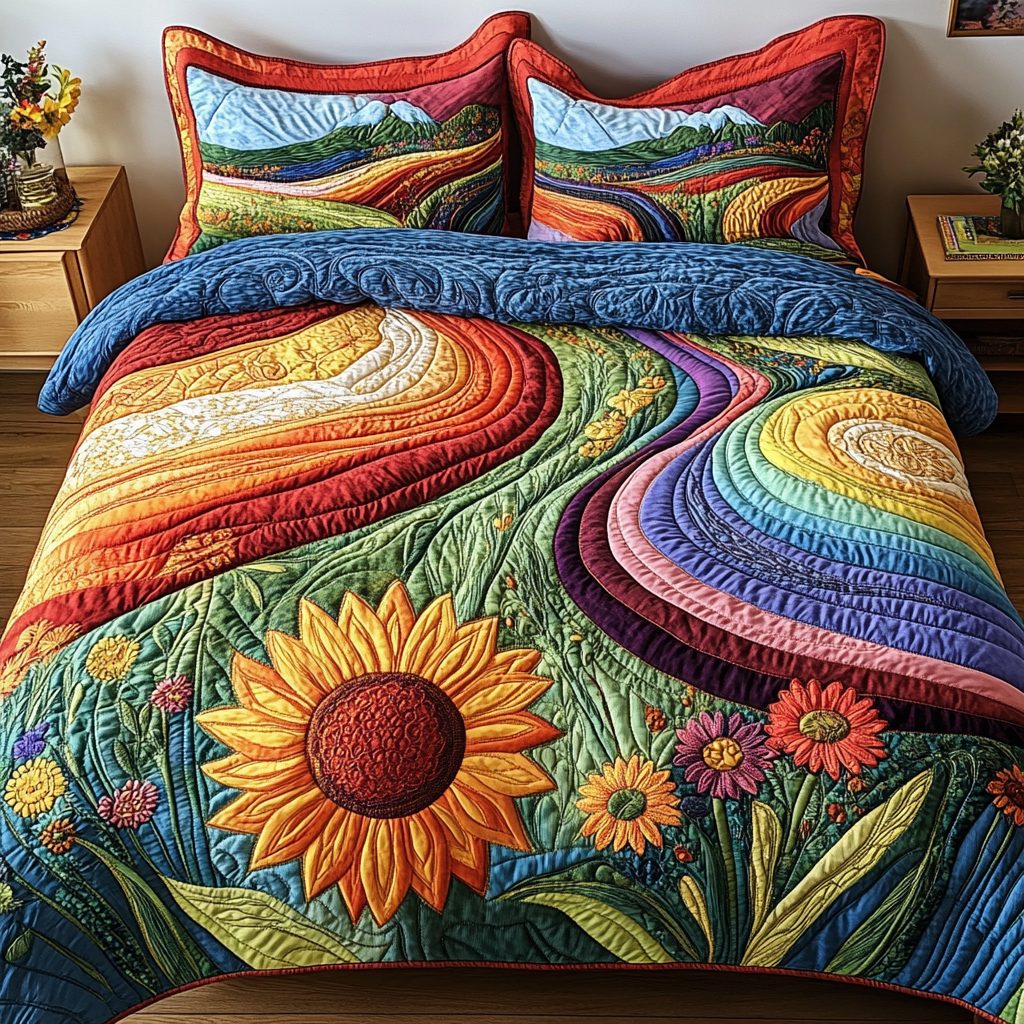 Harvest Magic quilted 3-piece bedding set on a made bed with two matching pillow shams
