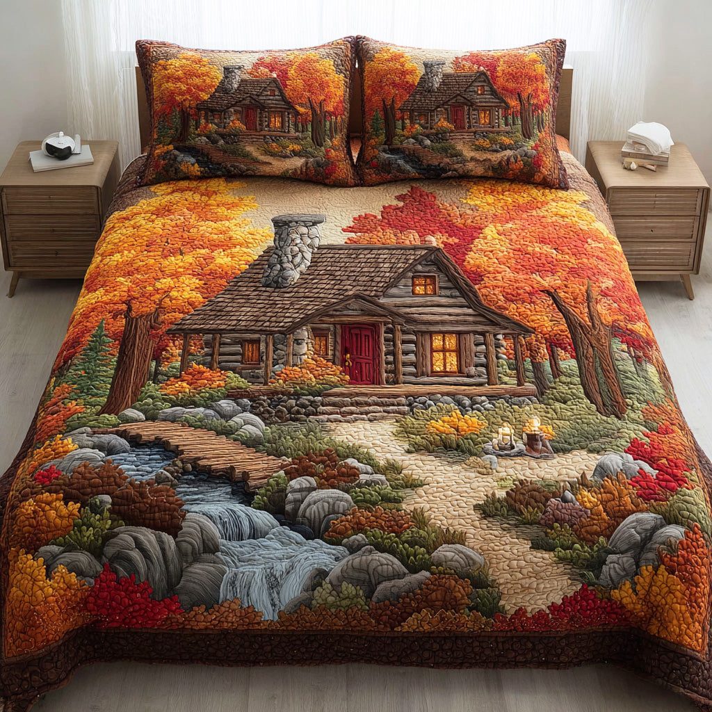 Harvest Maple Forest quilted 3-piece bedding set on a made bed with two matching pillow shams