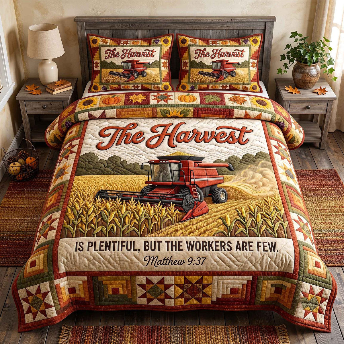 Harvest Of Blessings quilted 3-piece bedding set on a made bed with two matching pillow shams