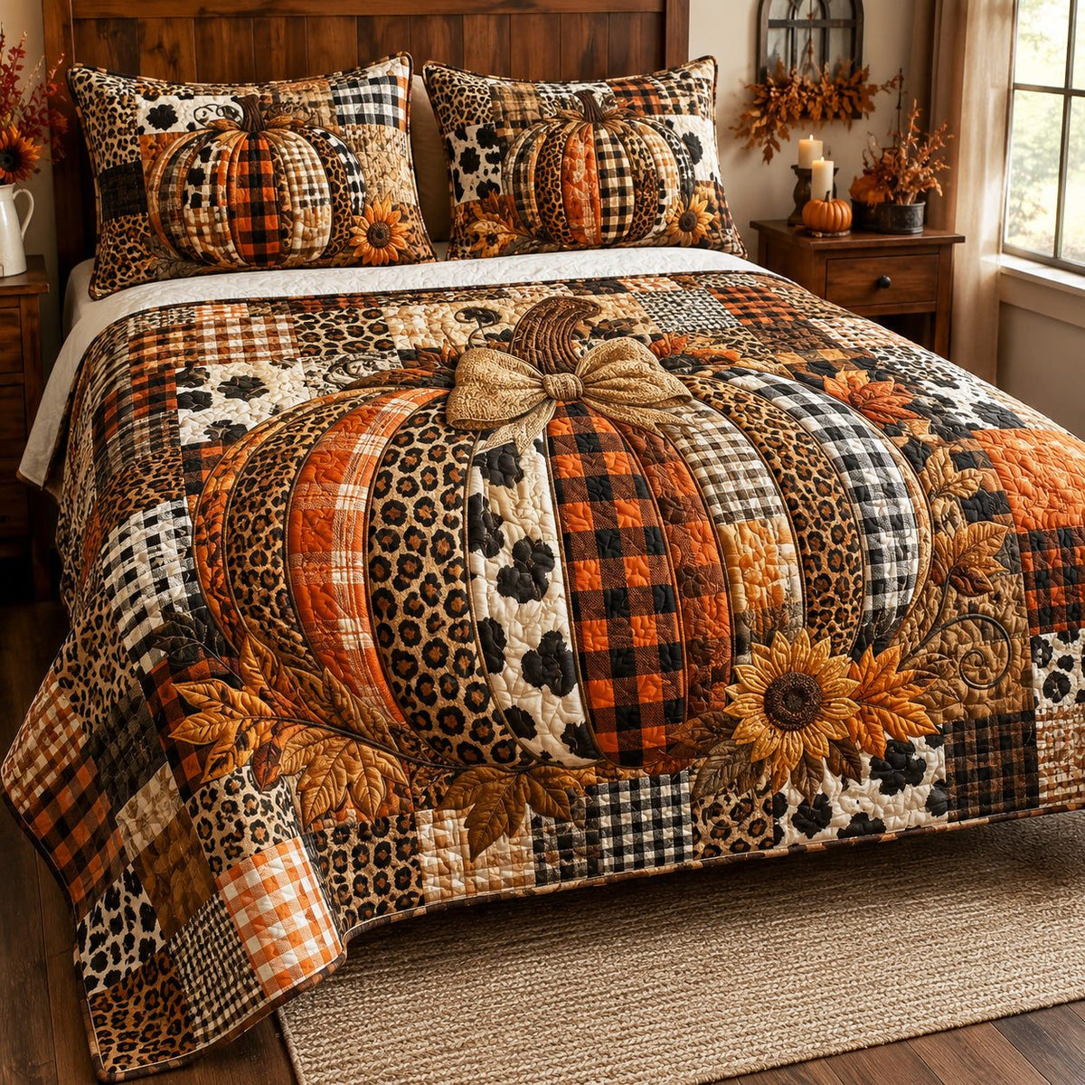 Harvest Plaid quilted 3-piece bedding set on a made bed in a farmhouse bedroom
