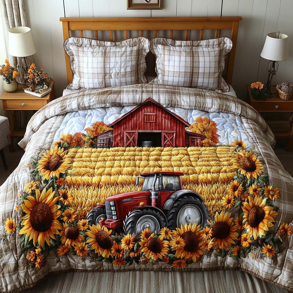 Harvest Ride quilted 3-piece bedding set on a made bed with two matching pillow shams