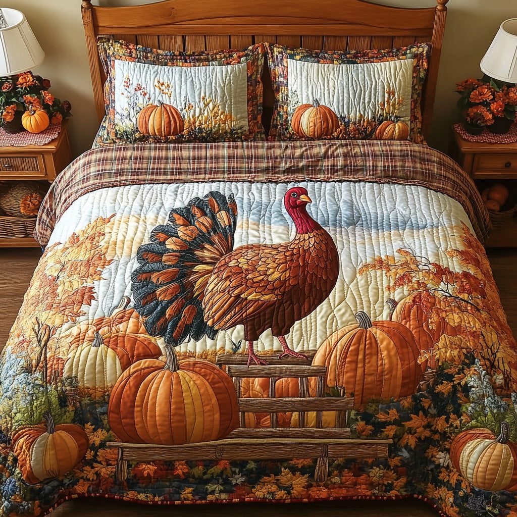 Harvest Roost quilted 3-piece bedding set on a made bed with two matching pillow shams