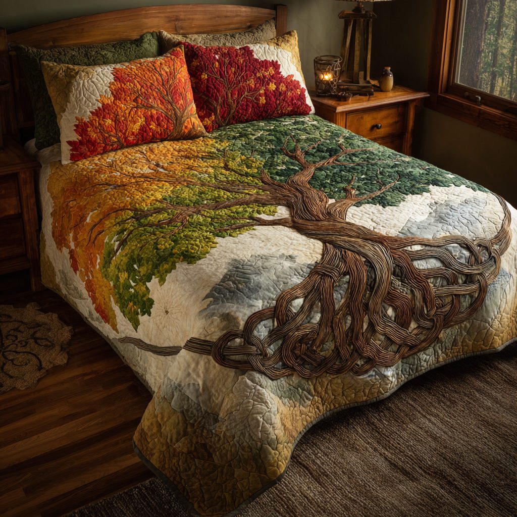 Harvest Roots quilted 3-piece bedding set on a made bed with two matching pillow shams